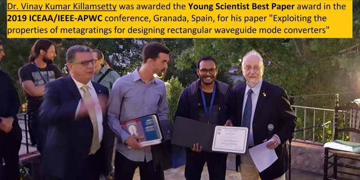 Vinay awarded the Young Scientist Best Paper Award at the banquet of the 2019 ICEAA/IEEE-APWC conference, in Granada, Spain (September 2019) 