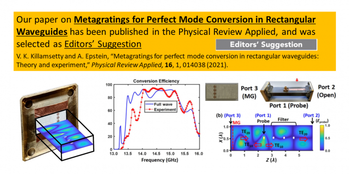 Our paper on metagratings for perfect mode conversion in rectangular waveguides was published in the Physical Review Applied and selected as Editors' Suggestion